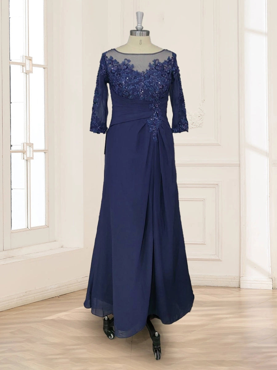 Ruched A-Line Bateau-Neck 3/4-Sleeve Keyhole-Back Floor-Length plus size Mother Of Bride Dress
