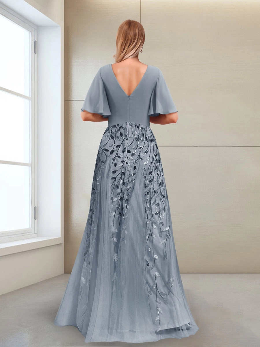 roselledress slate blue deep v back sequined tulle maxi formal mother evening dress