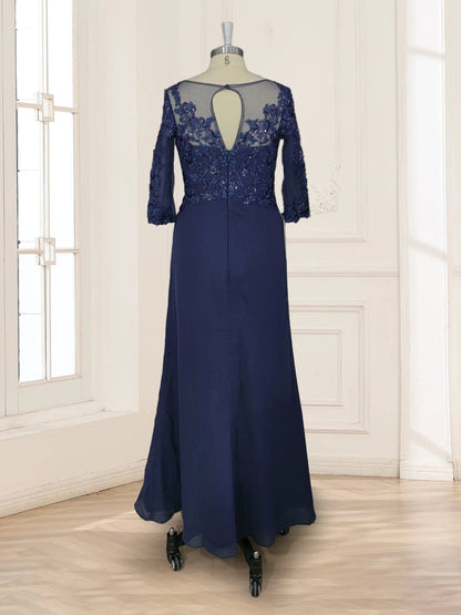 Ruched A-Line Bateau-Neck 3/4-Sleeve Keyhole-Back Floor-Length plus size Mother Of Bride Dress