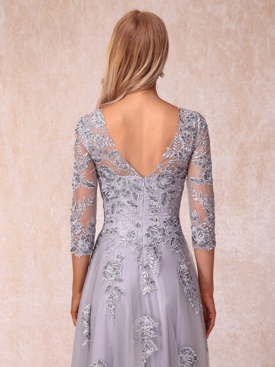 Graceful A Line Round 3/4 Sleeve Illusion V Back Lace Long Mother Of Bride Dress
