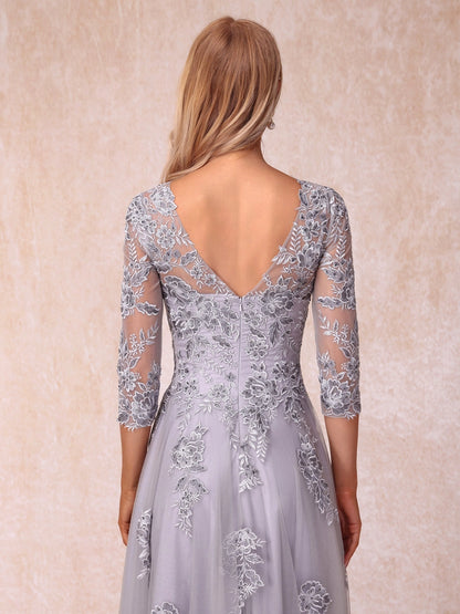 Graceful A Line Round 3/4 Sleeve Illusion V Back Lace Long Mother Of Bride Dress