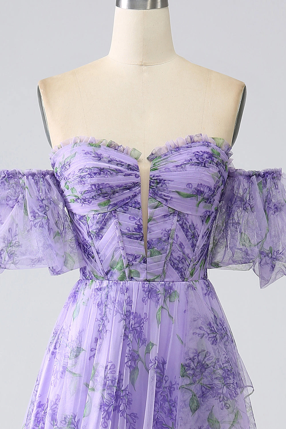 Lavender Plus‑Size A‑Line Off‑The‑Shoulder Detachable‑Sleeve Zipper‑Back Sweep‑Train Prom Dress 