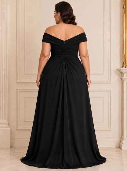 Black plus size long prom dress with off shoulder ruched back and concealed zipper closure