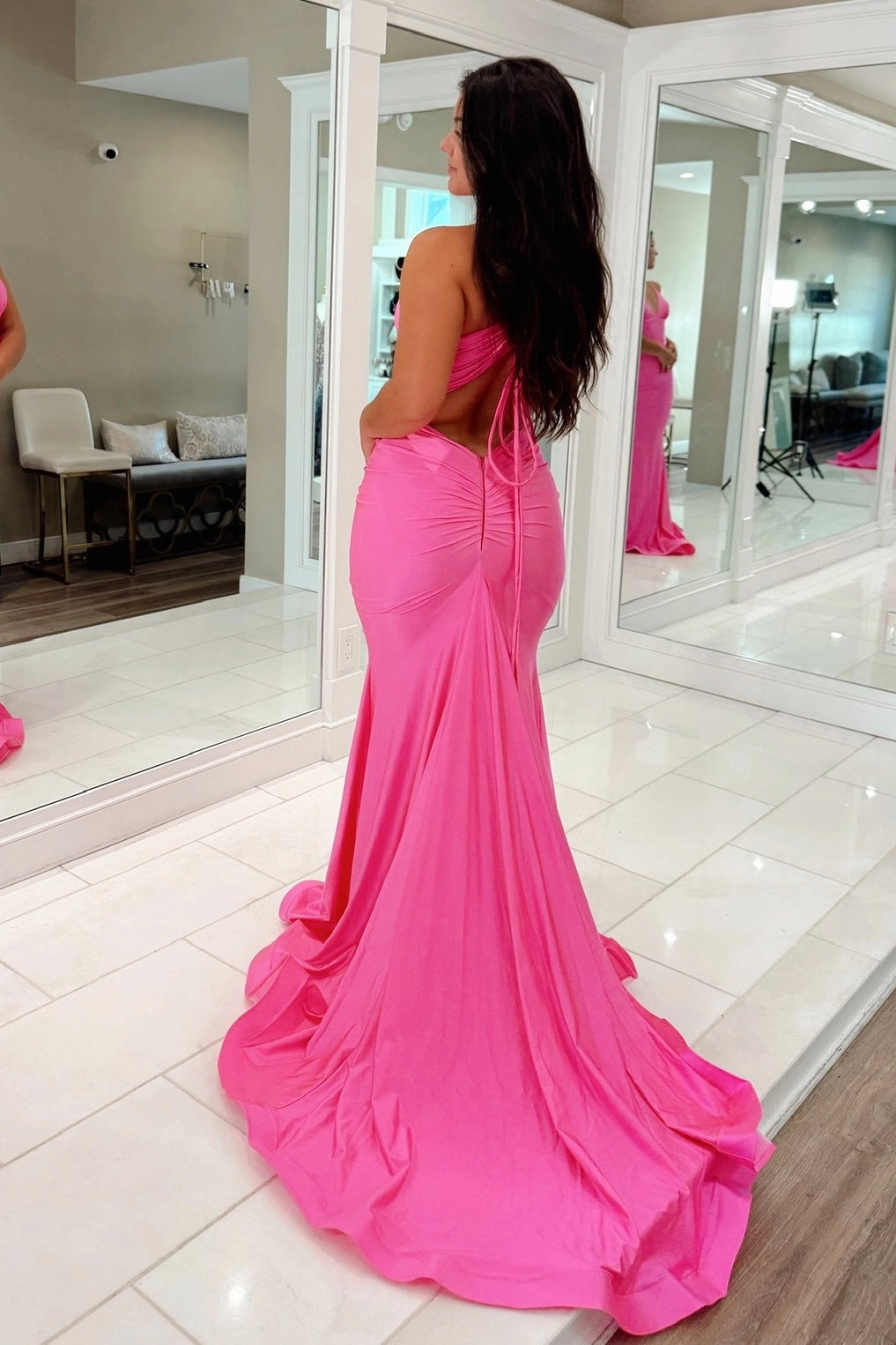 Roselledress Plus Size Mermaid Halter V-Neck Lace Up Back Long Evening Dress
