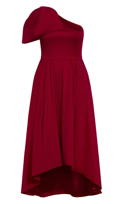 Burgundy One‑Shoulder Bow High‑Low A‑Line Plus Size Wedding Guest Dress