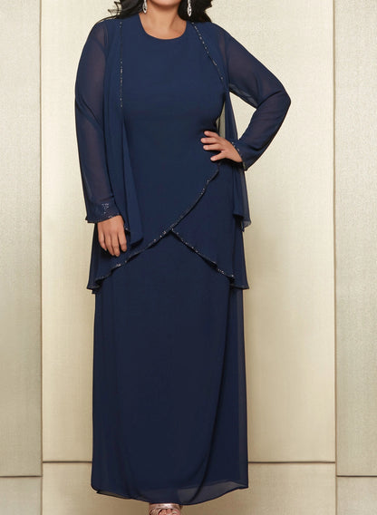 Plus Size Chiffon Jacket Beaded Trim Long Sleeve Two-Piece Mother of Bride Dress