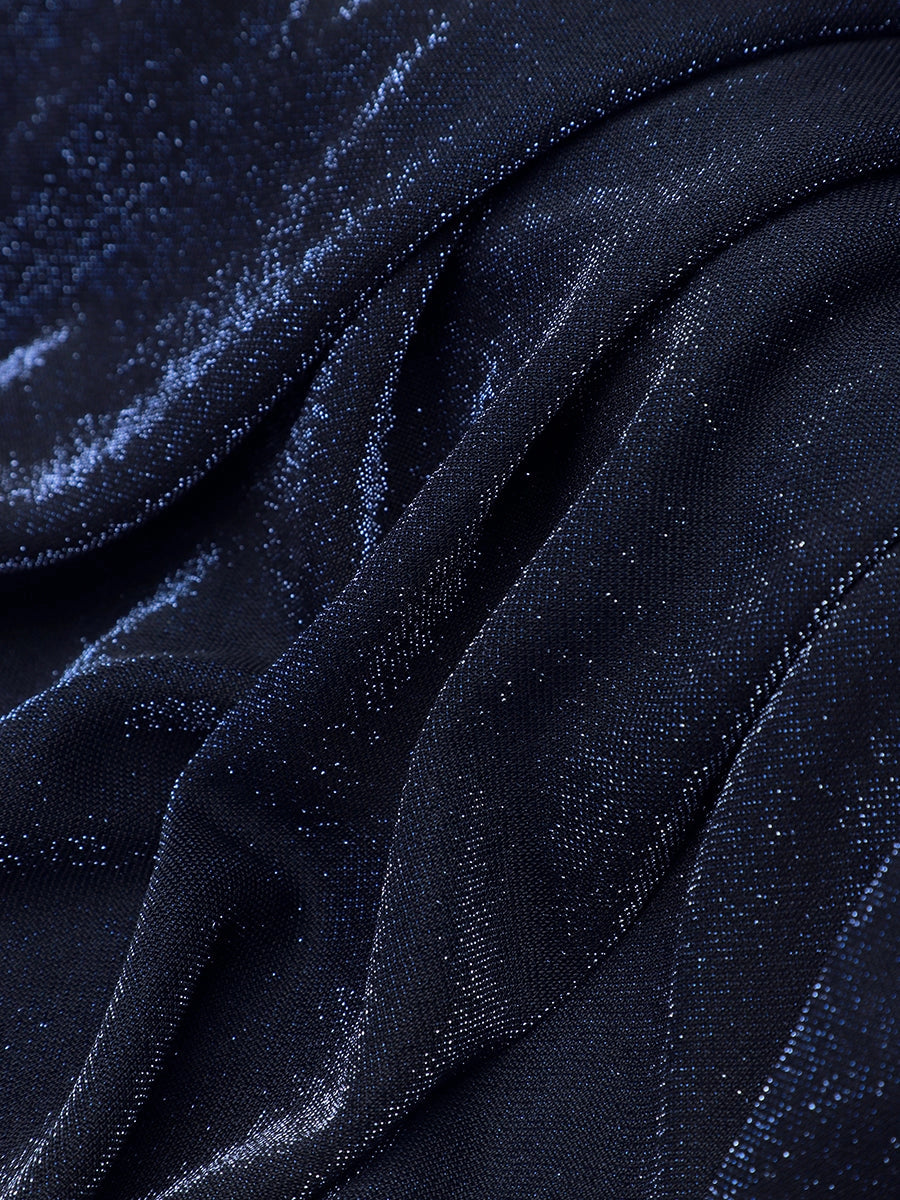 Roselledress Navy Glitter A Line V Neck Long Sleeve Plain Back Maxi Length Plus Size Wedding Guest Dress 