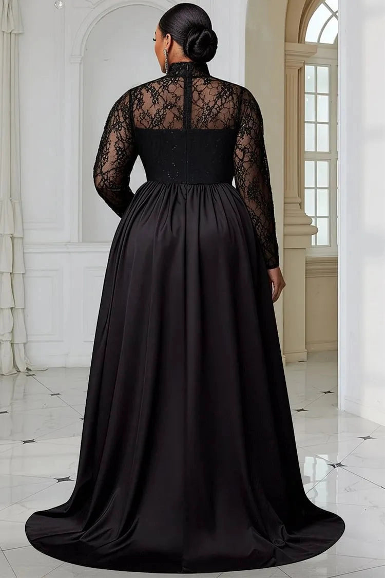 Roselledress black lace satin formal dress sheer lace zipper back plus size evening gown sweep train back view