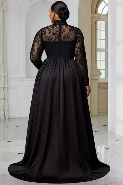 Roselledress black lace satin formal dress sheer lace zipper back plus size evening gown sweep train back view