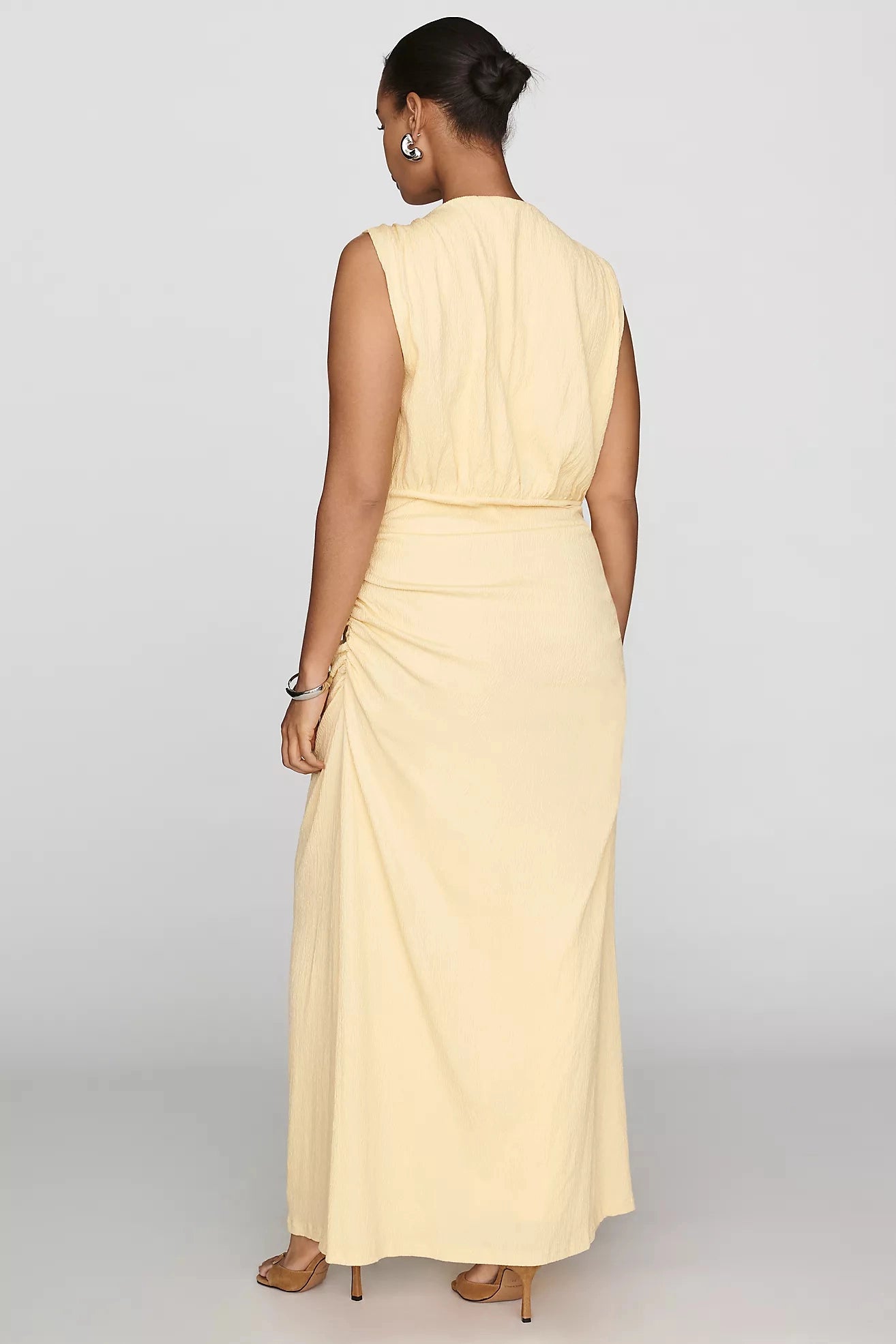 Roselledress plus size butter yellow draped maxi formal gown back view