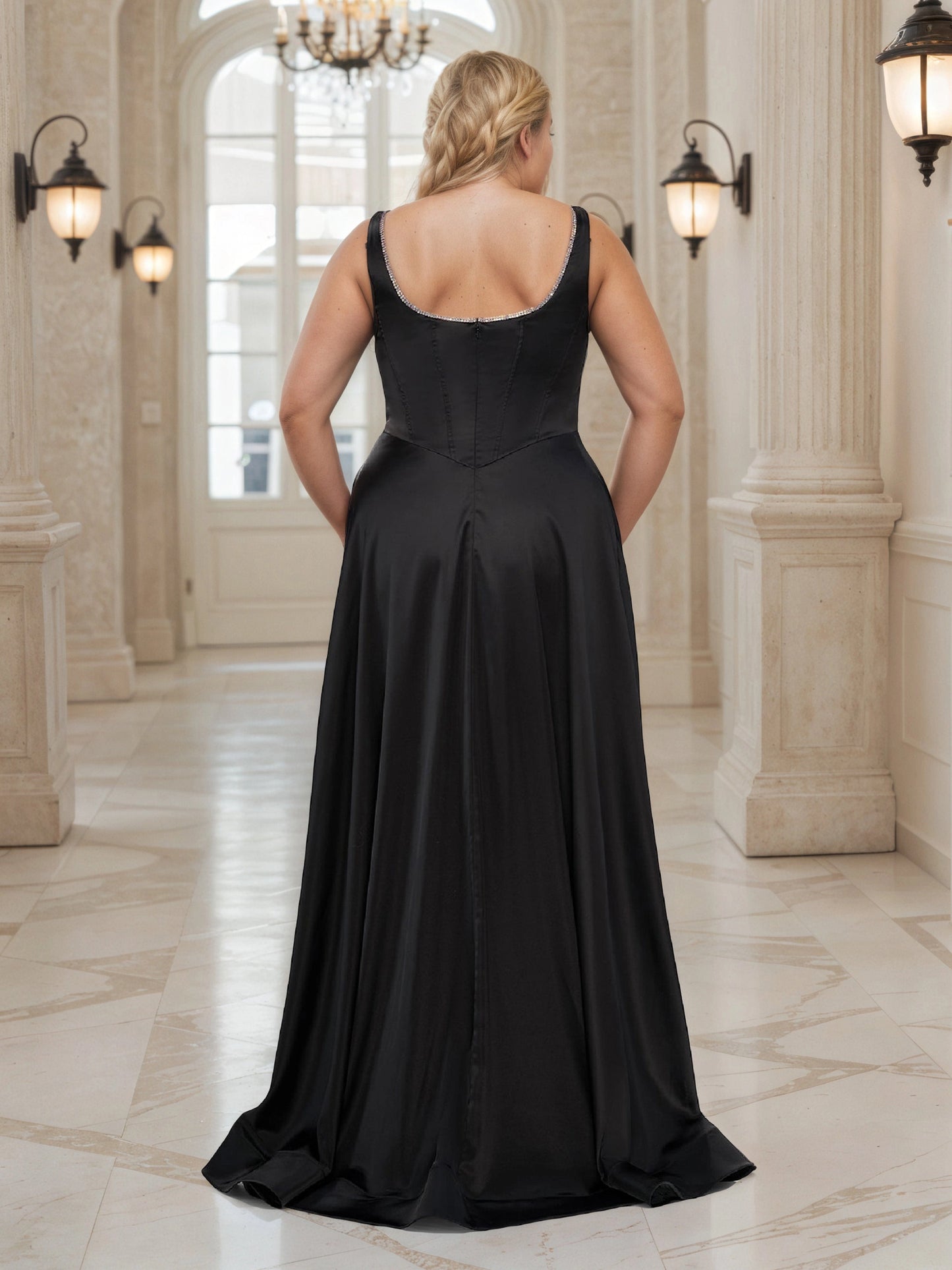 Emerald Green Satin Beaded Scoop Neck A‑Line Plus Size Wedding Guest Dress