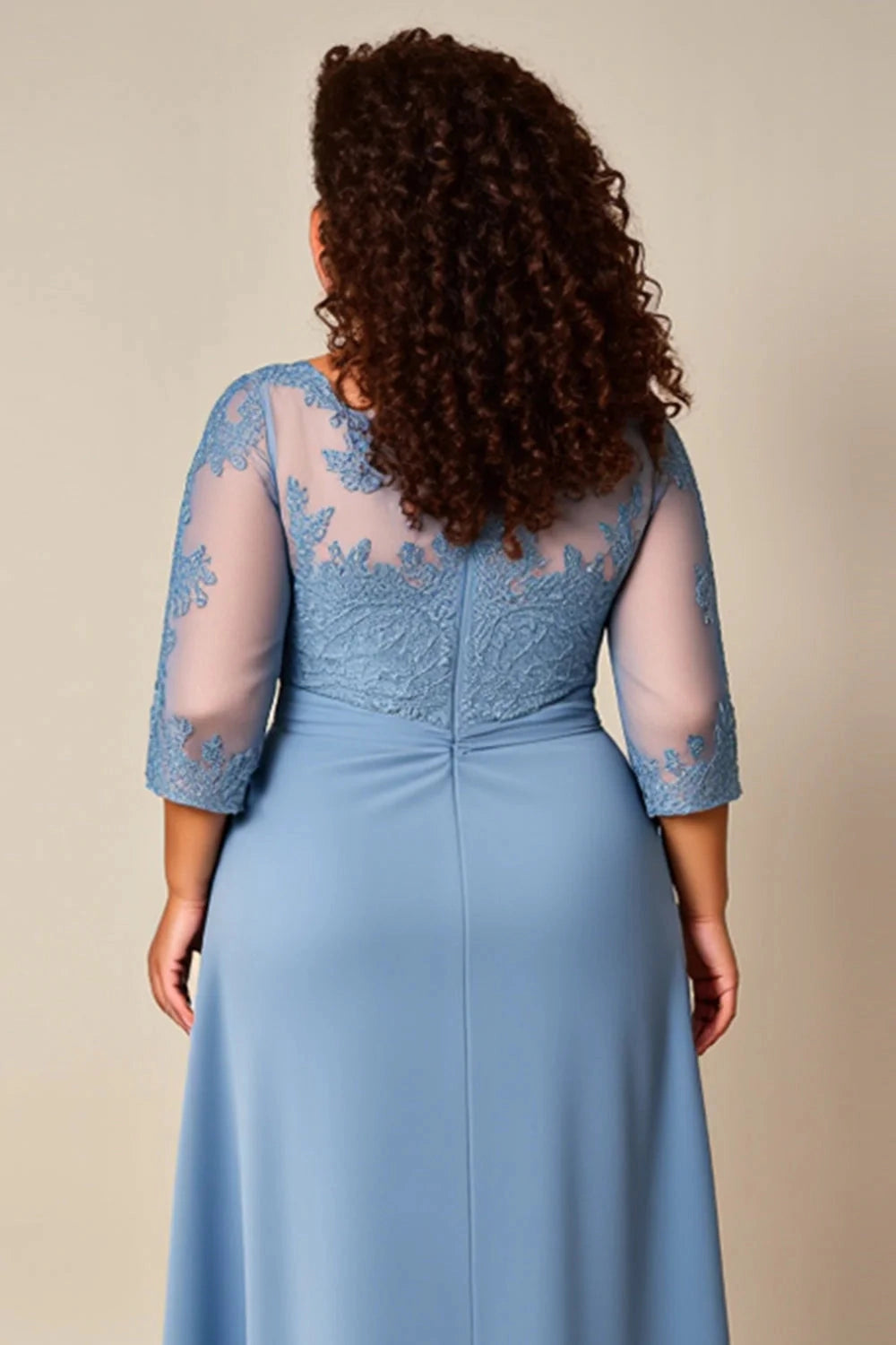 Elegant A‑Line Illusion‑Neck 3/4‑Sleeve Closed‑Back Floor‑Length Plus Size Mother Of The Bride Dress