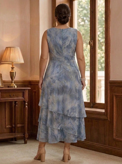 A-Line Round Neck Sleeveless Back Zipper Layered Midi Two Piece Plus Size Mother Of Bride Dress