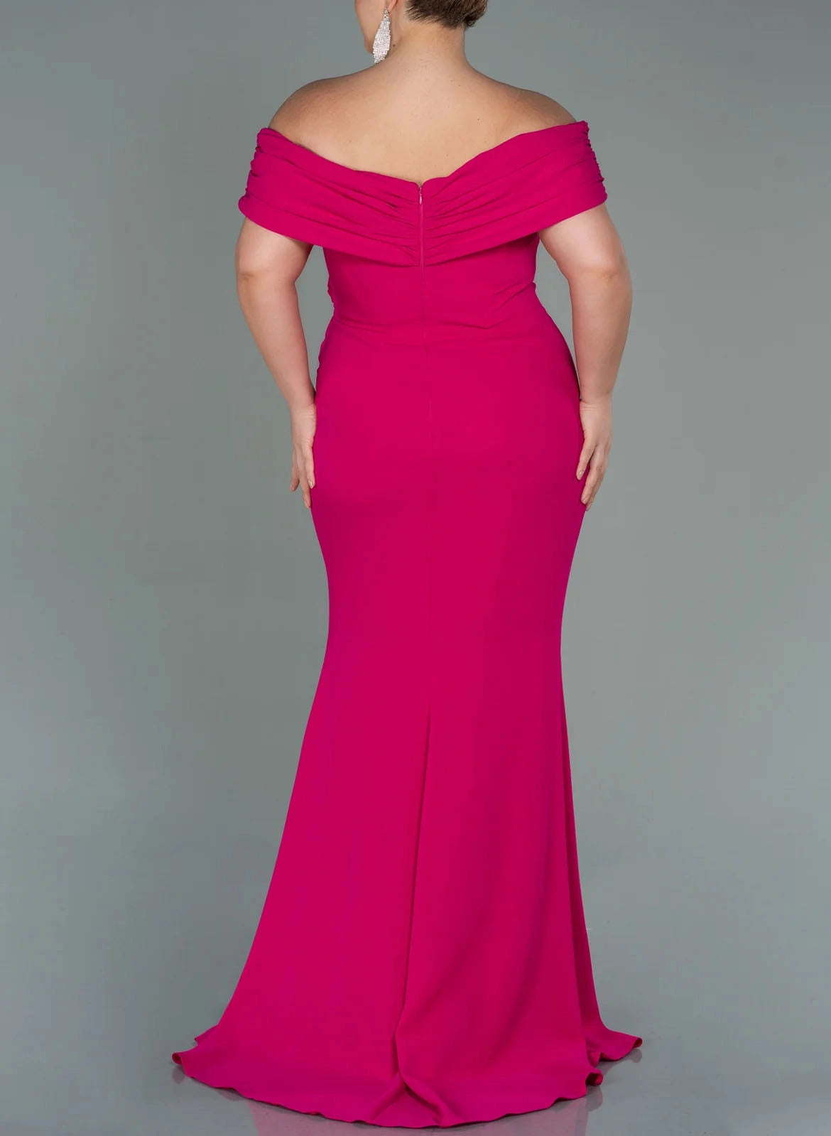Back view Roselledress fuchsia mermaid prom dress ruched zipper back floor length plus size gown