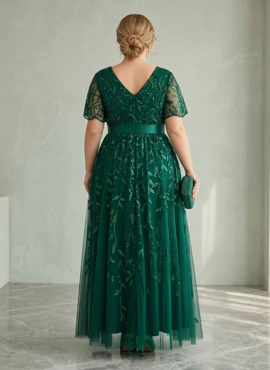 Roselledress emerald tulle evening dress back view, v back zipper closure sequin plus size wedding guest maxi dress