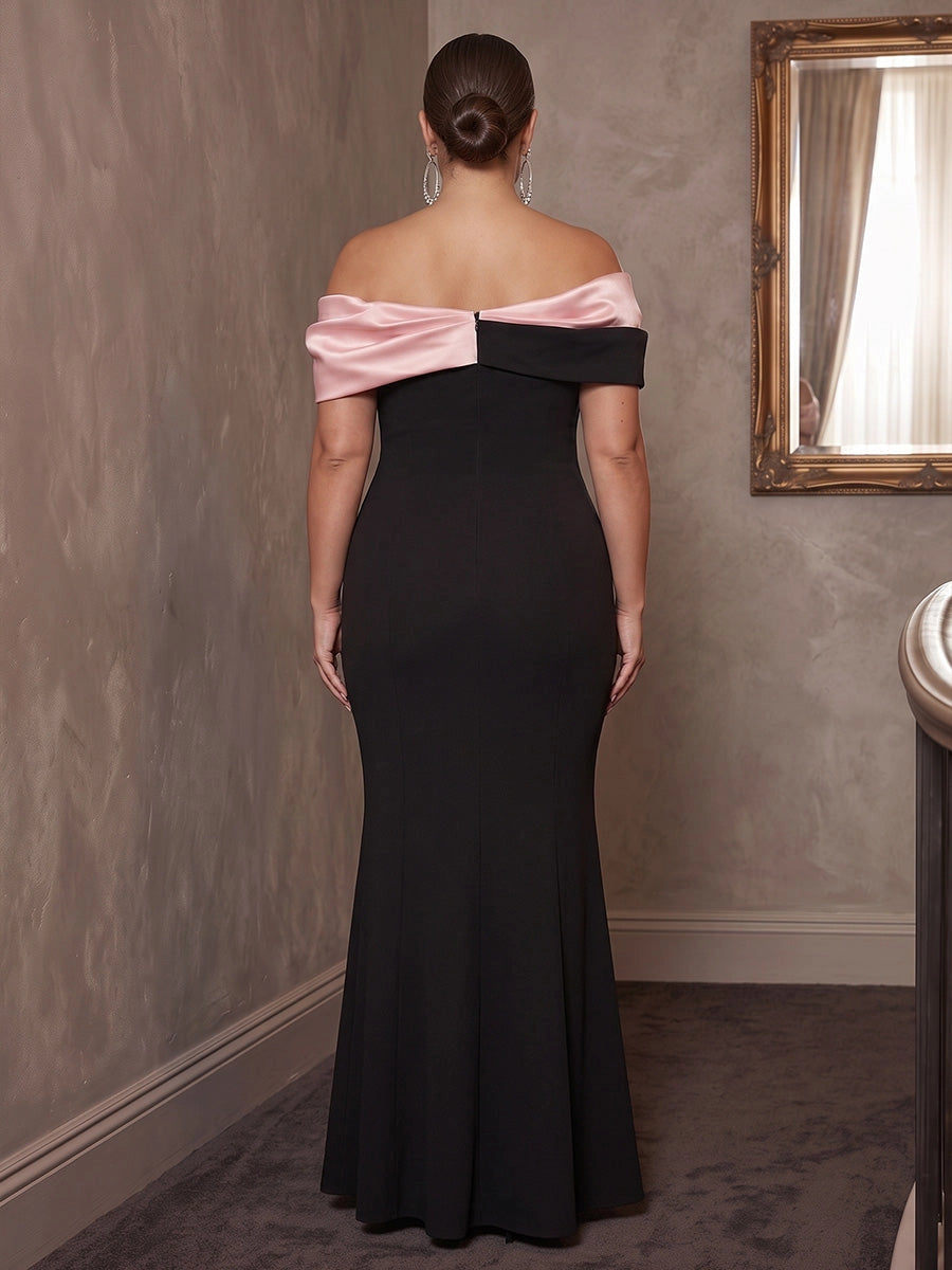 Back view of plus size black mermaid dress with blush satin off-the-shoulder drape and zipper