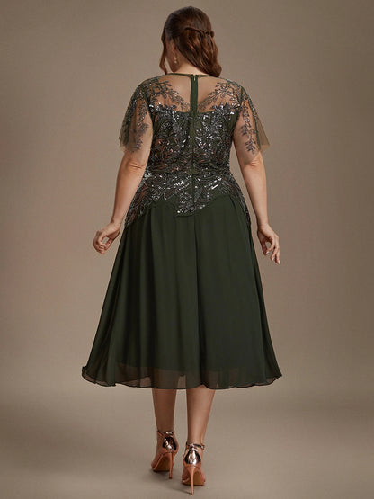 A-Line Illusion Neck Flutter Sleeve Back Zipper Midi Length Plus Size Sequin Chiffon Mother Of Bride Dress