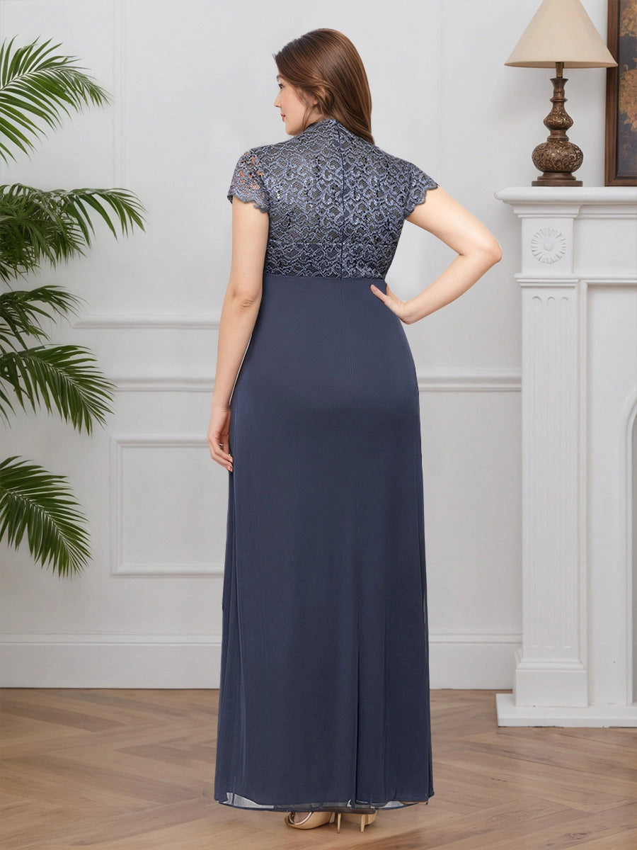 Back view Roselledress slate blue sequin lace high‑back floor length plus size mother of bride dress