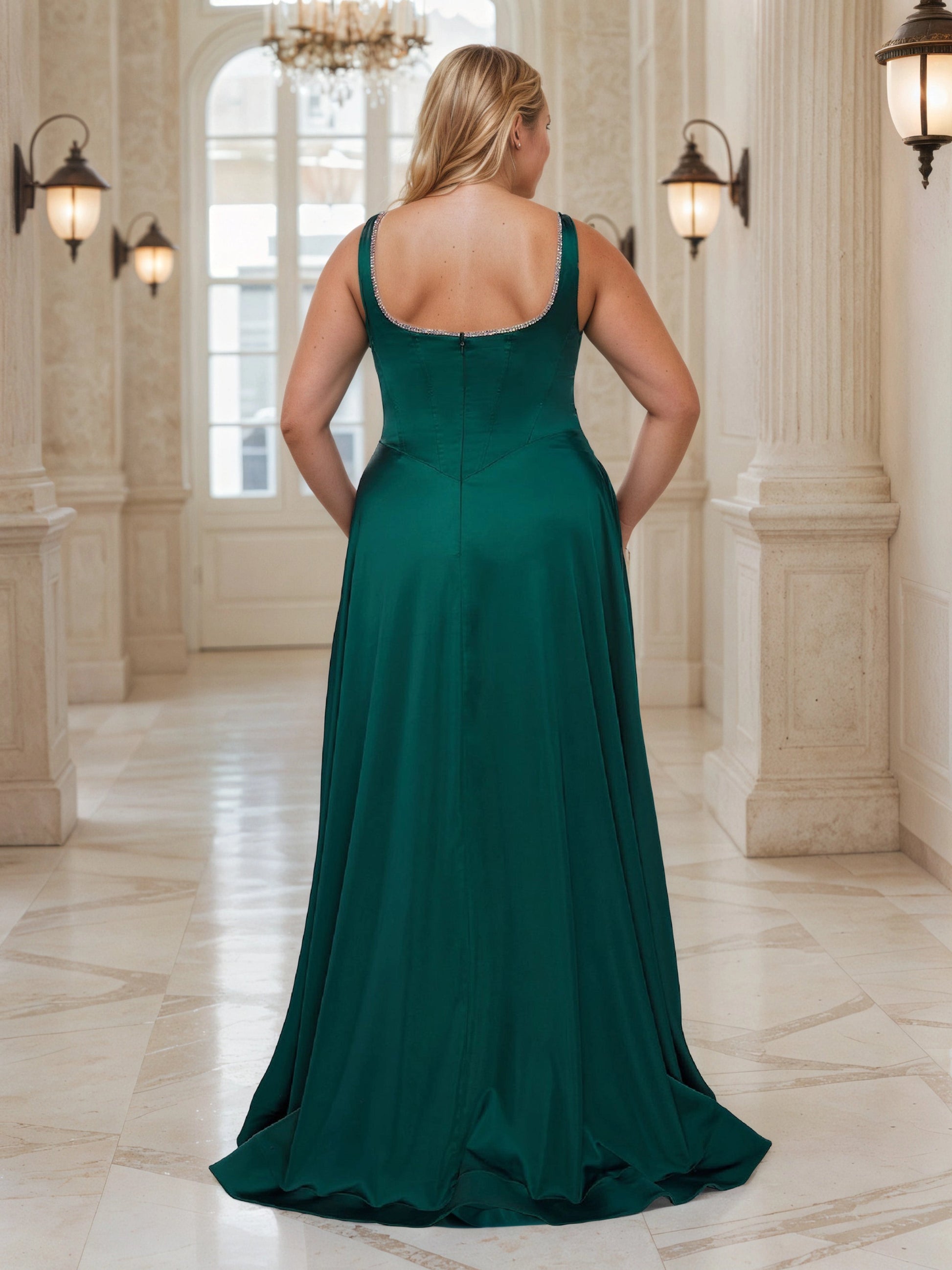RoselleDress emerald green plus size wedding guest dress beaded scoop back satin a‑line maxi gown back‑zipper back view