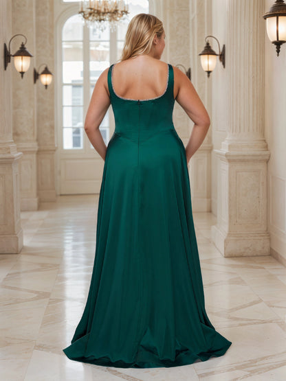 RoselleDress emerald green plus size wedding guest dress beaded scoop back satin a‑line maxi gown back‑zipper back view