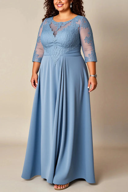 Elegant A‑Line Illusion‑Neck 3/4‑Sleeve Closed‑Back Floor‑Length Plus Size Mother Of The Bride Dress