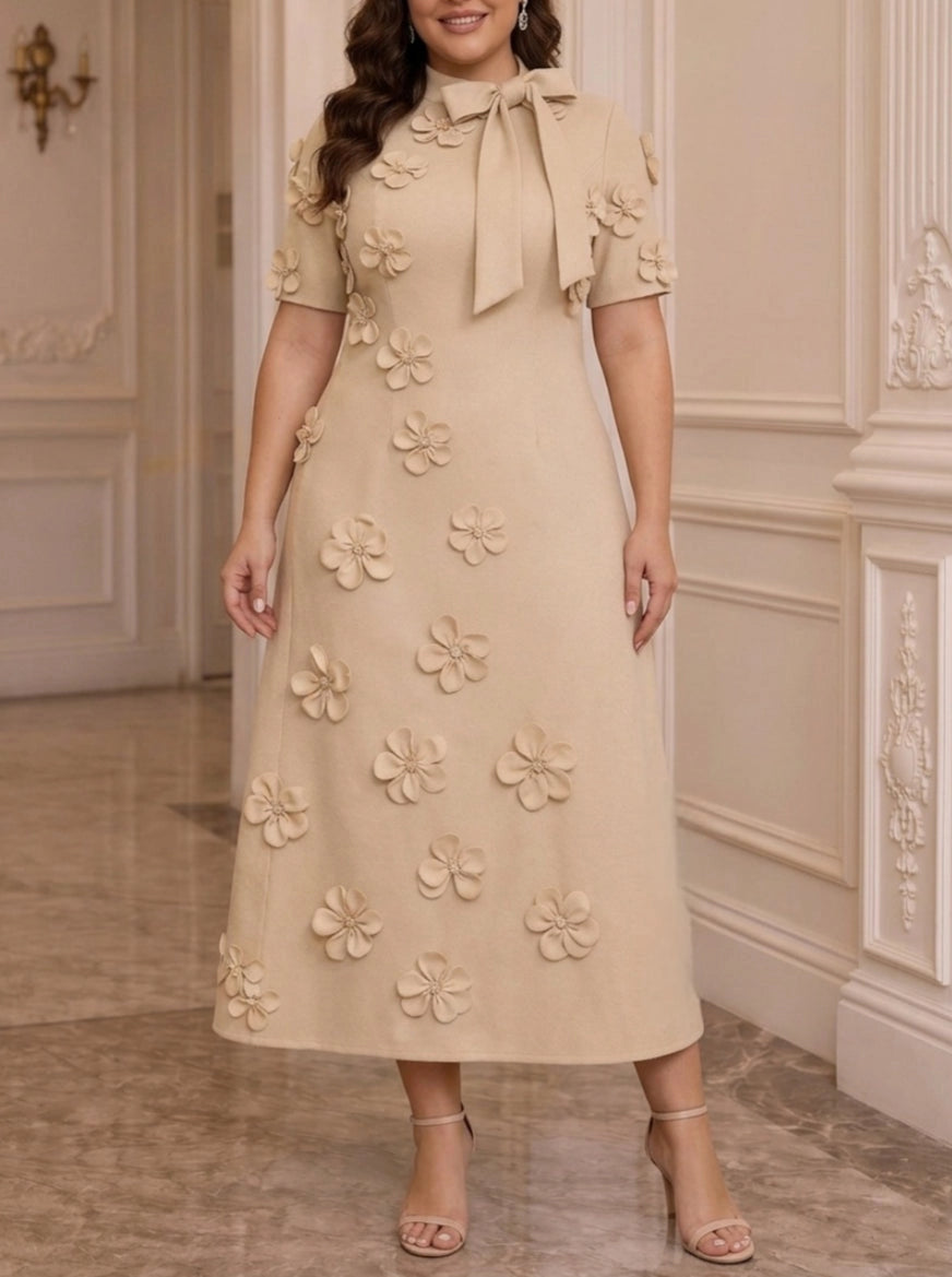 Elegant A-Line Tie Neck Short Sleeve Zipper Back Midi Plus Size Mother Of The Bride Dress