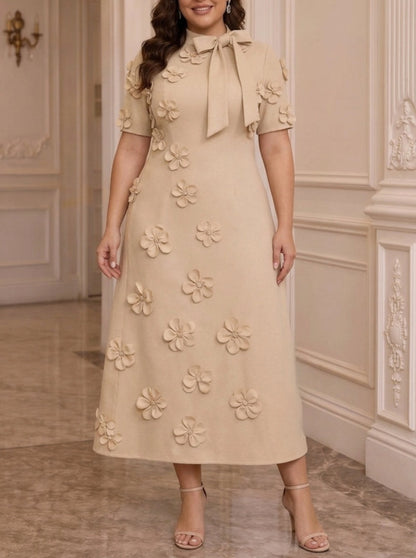 Elegant A-Line Tie Neck Short Sleeve Zipper Back Midi Plus Size Mother Of The Bride Dress