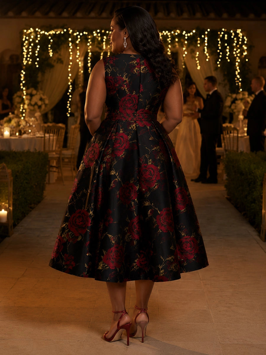 Black floral plus size midi formal dress back view, round neck, center back zipper, sleeveless and full pleated A-line skirt
