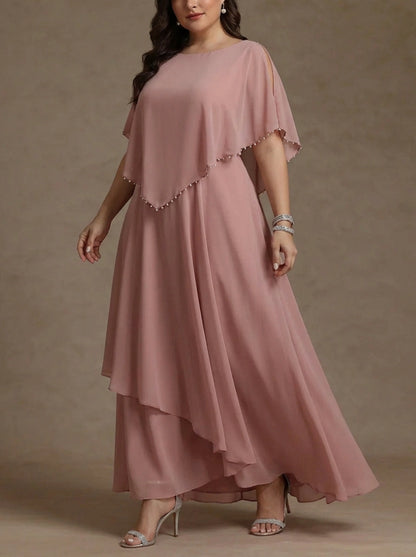 Roselledress Dusty Pink Plus Size A Line Round Neck Cape Sleeve Zipper Back Maxi Mother Of Bride Dress