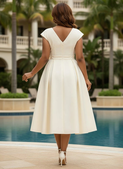 Ivory plus size midi formal dress back view, V-back, center back zipper, cap sleeves and full pleated A-line skirt
