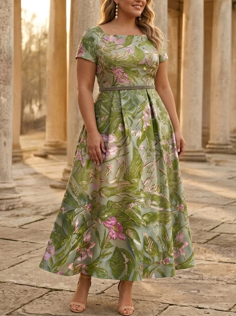RoselleDress sage green floral print plus size mother of the bride dress square neck short sleeve a line midi gown with rhinestone belt for wedding guest