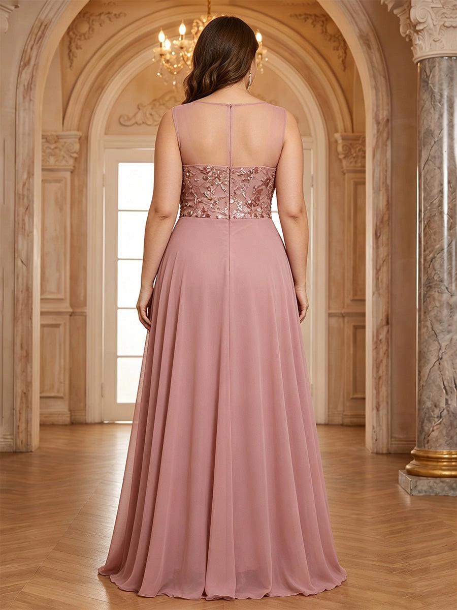Roselledress plus size chiffon prom dress back view, sheer illusion back lace bodice dusty pink floor length evening dress