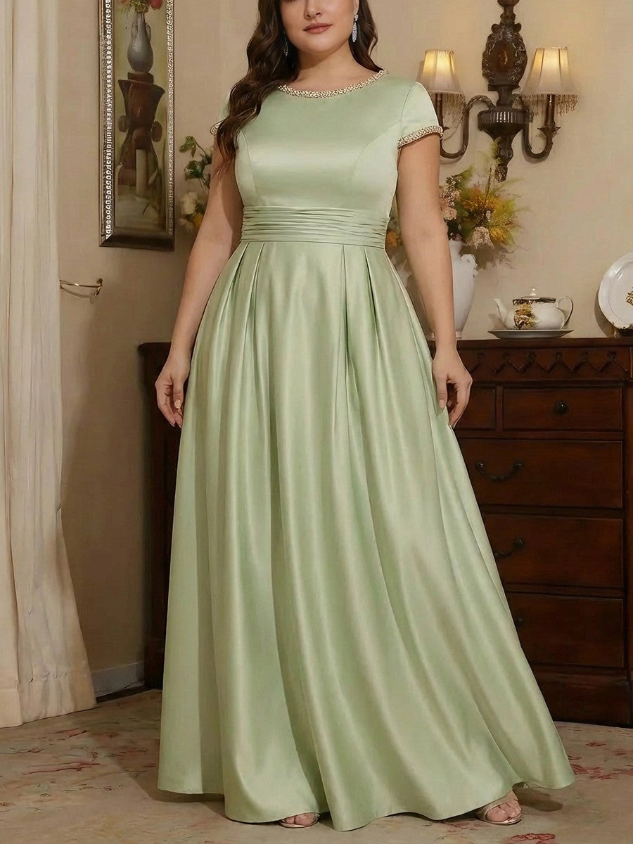 RoselleDress Satin A-Line Round Neck Beaded Short Sleeve Zipper Back Floor Plus Size Mother Of Bride Dress