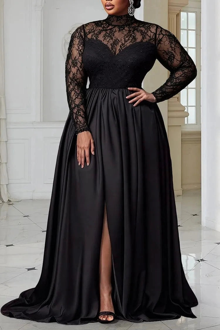Glamorous A‑Line High‑Neck Long‑Sleeve Zipper‑Back Sweep‑Train Plus Size Wedding Guest Dress