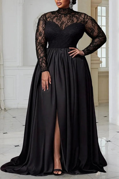 Glamorous A‑Line High‑Neck Long‑Sleeve Zipper‑Back Sweep‑Train Plus Size Wedding Guest Dress