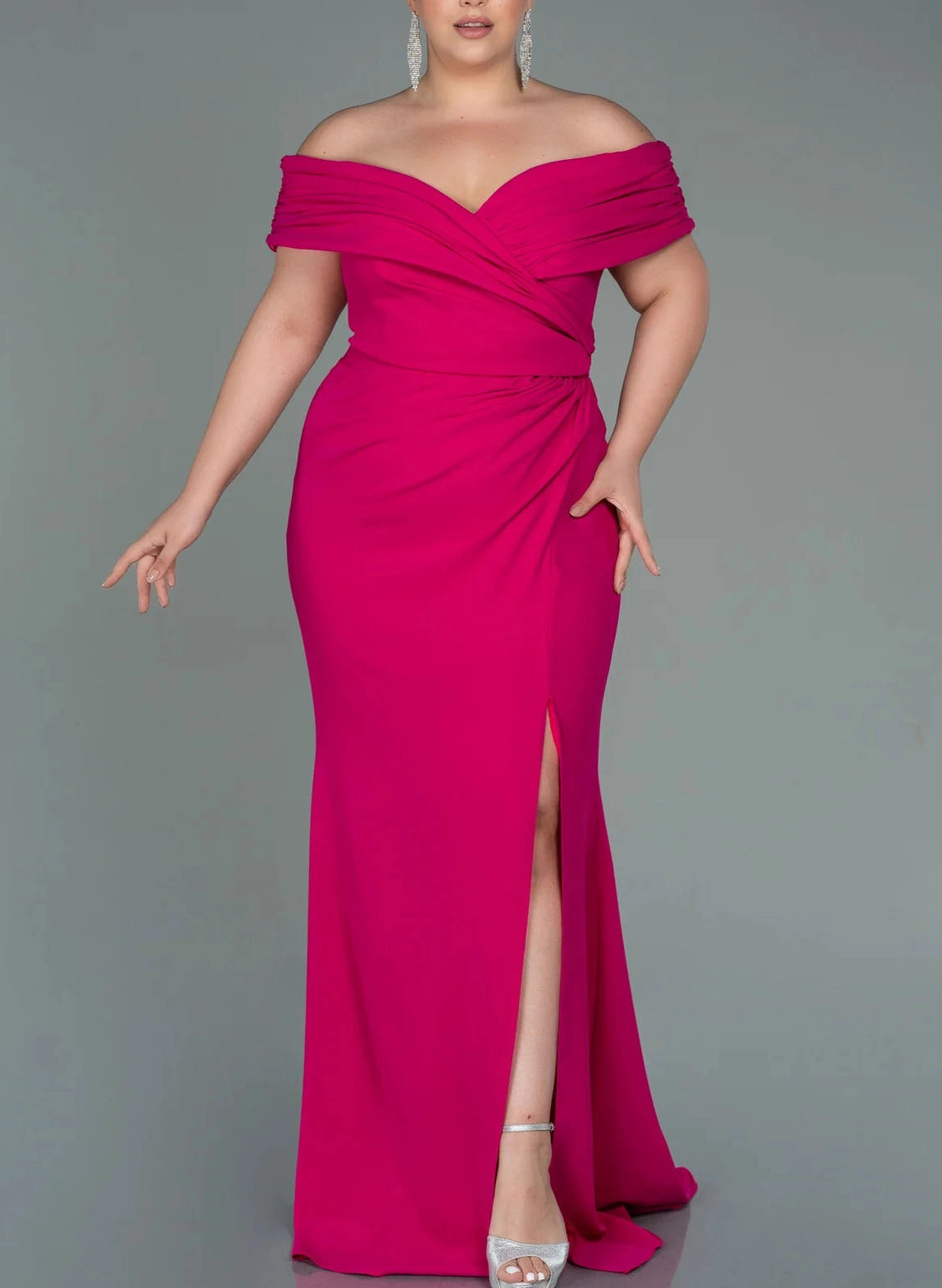 Gorgeous Mermaid Off‑The‑Shoulder Sleeveless Ruched Zipper Back Floor Length Plus Size Prom Dress