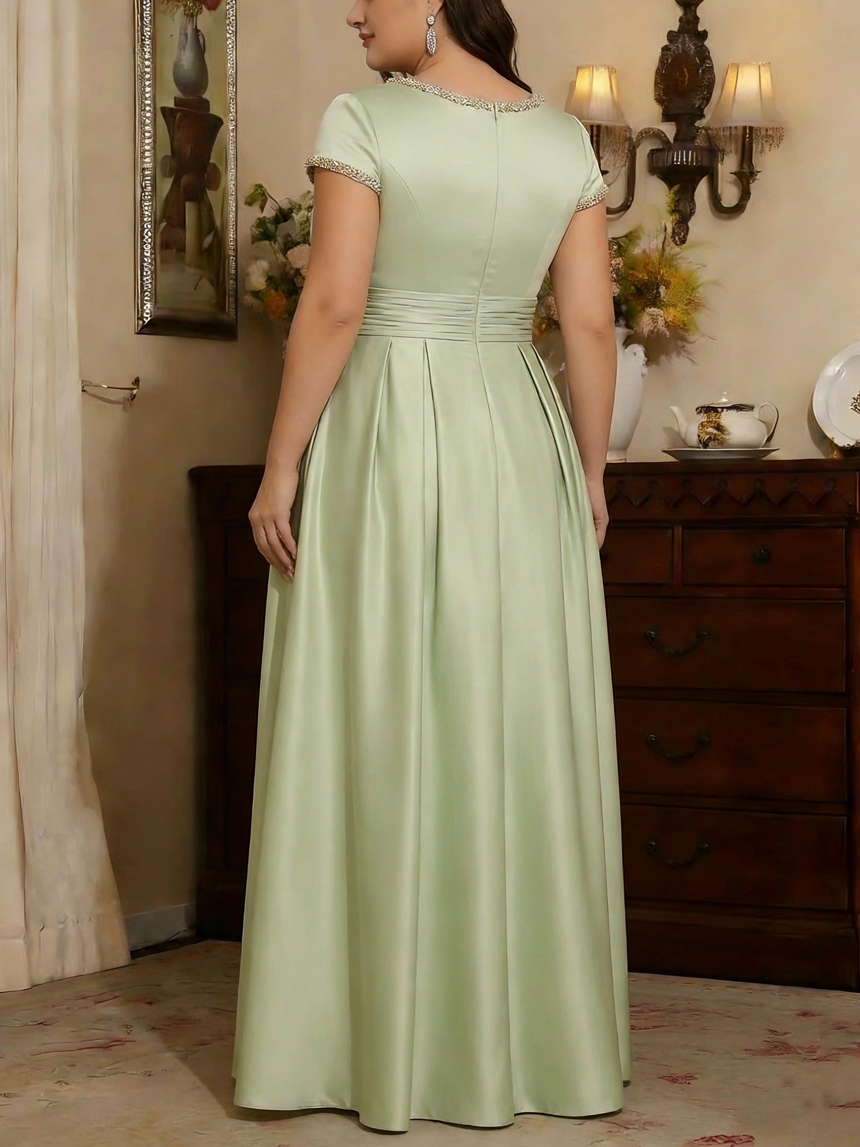 roselledress full zipper back sage beaded satin plus size wedding mother maxi gown