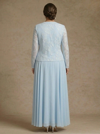 Roselledress lace formal gown plus size back zipper matching long sleeve jacket maxi dress back view