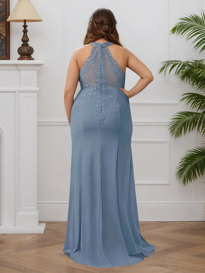 Back view Roselledress dusty blue mermaid formal dress illusion mesh back plus size mother of bride