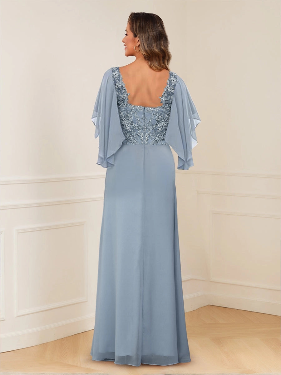 back view Roselledress curvy blue chiffon gown square lace open back wedding guest long dress