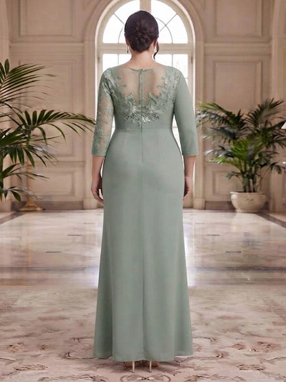 RoselleDress sage green plus size formal gown illusion mesh back lace applique 3/4 sleeve back‑zipper mermaid back view