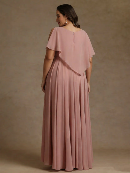 Back view Roselledress dusty pink plus size chiffon mother dress cape overlay zipper back full A-line maxi mature evening gown