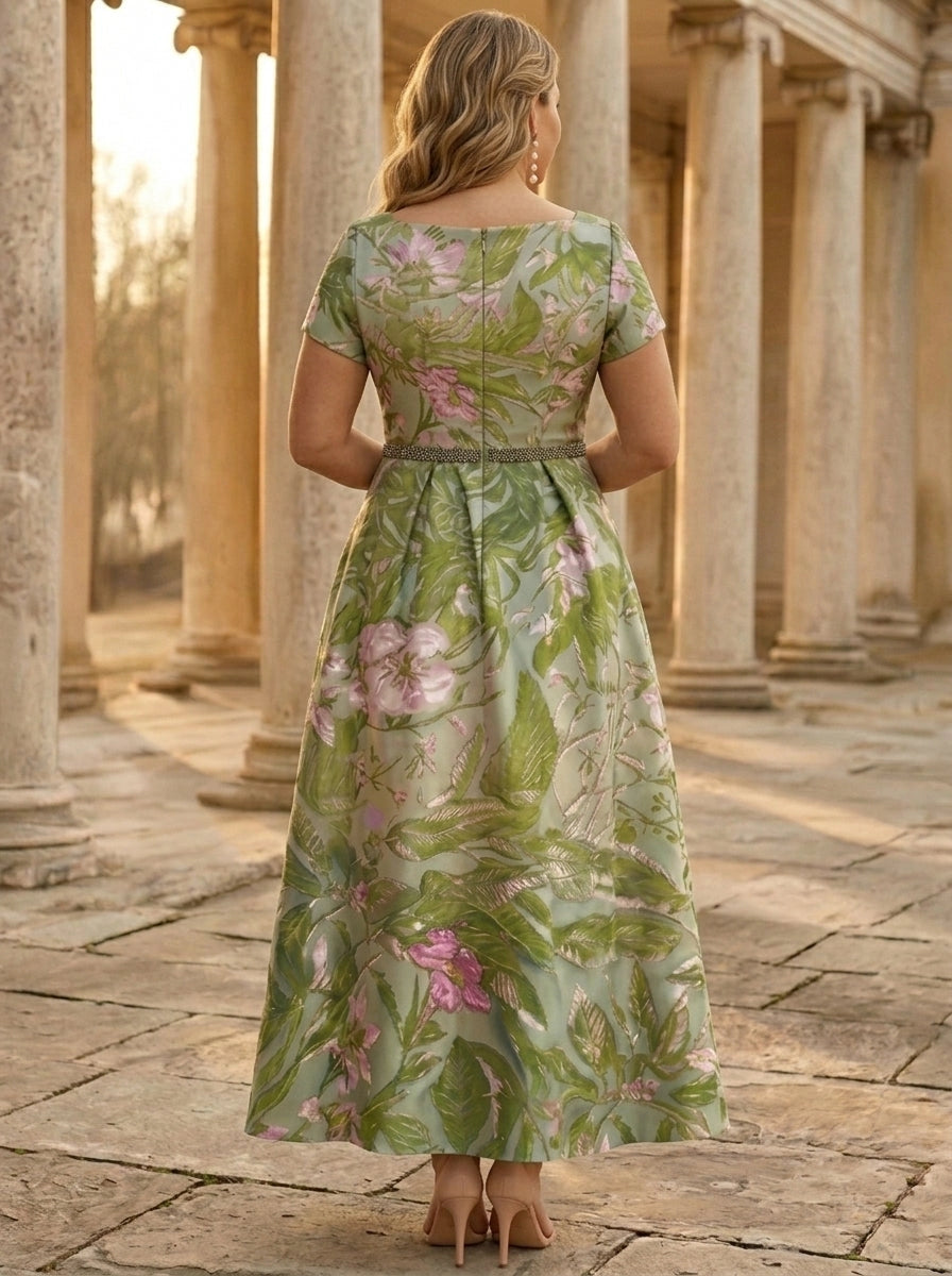 Back view of RoselleDress floral satin plus size mother dress zipper back midi formal gown for garden wedding