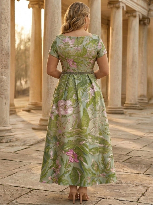 Back view of RoselleDress floral satin plus size mother dress zipper back midi formal gown for garden wedding