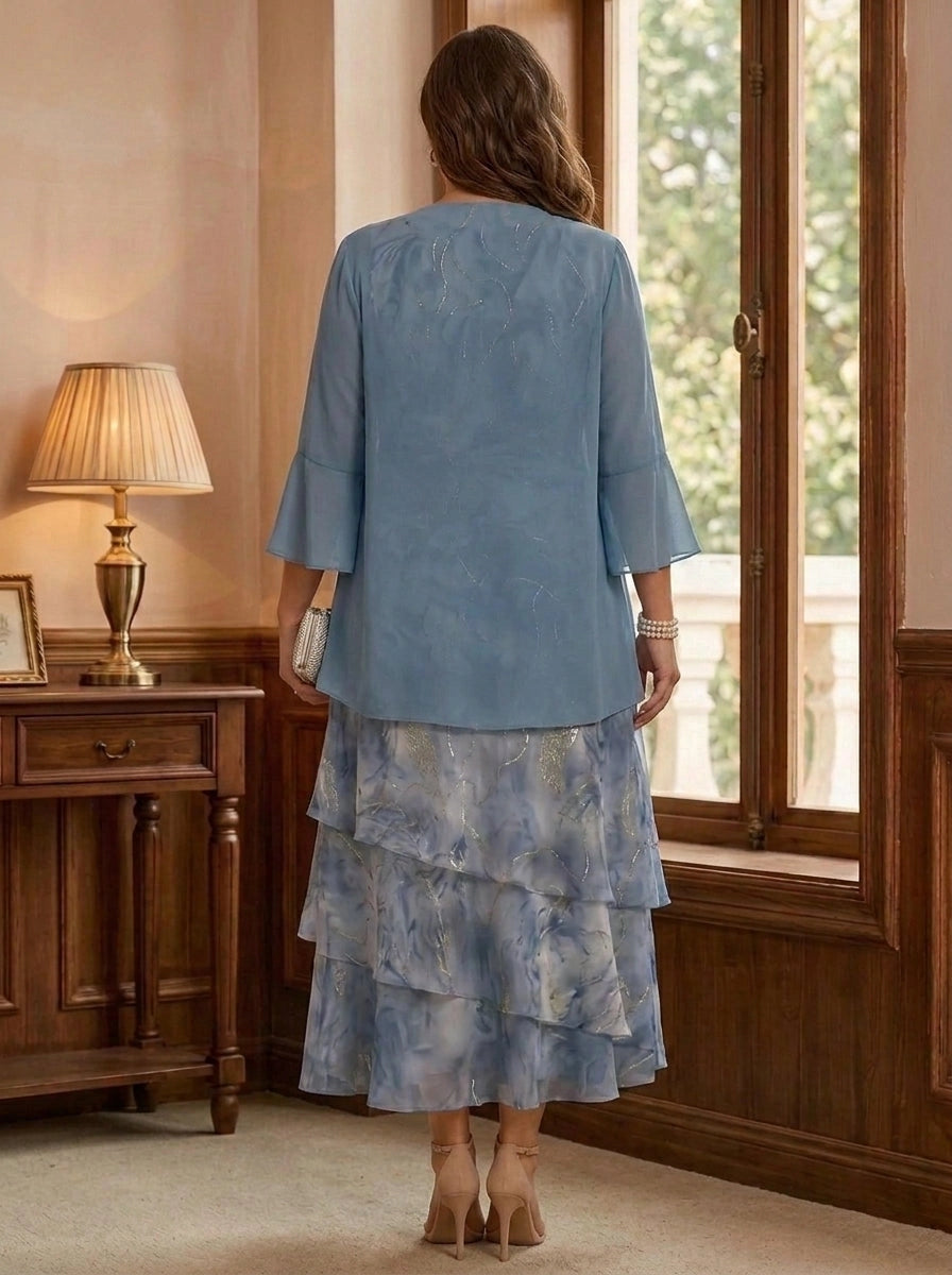 Roselledress flutter sleeve chiffon coat two piece formal outfit back view