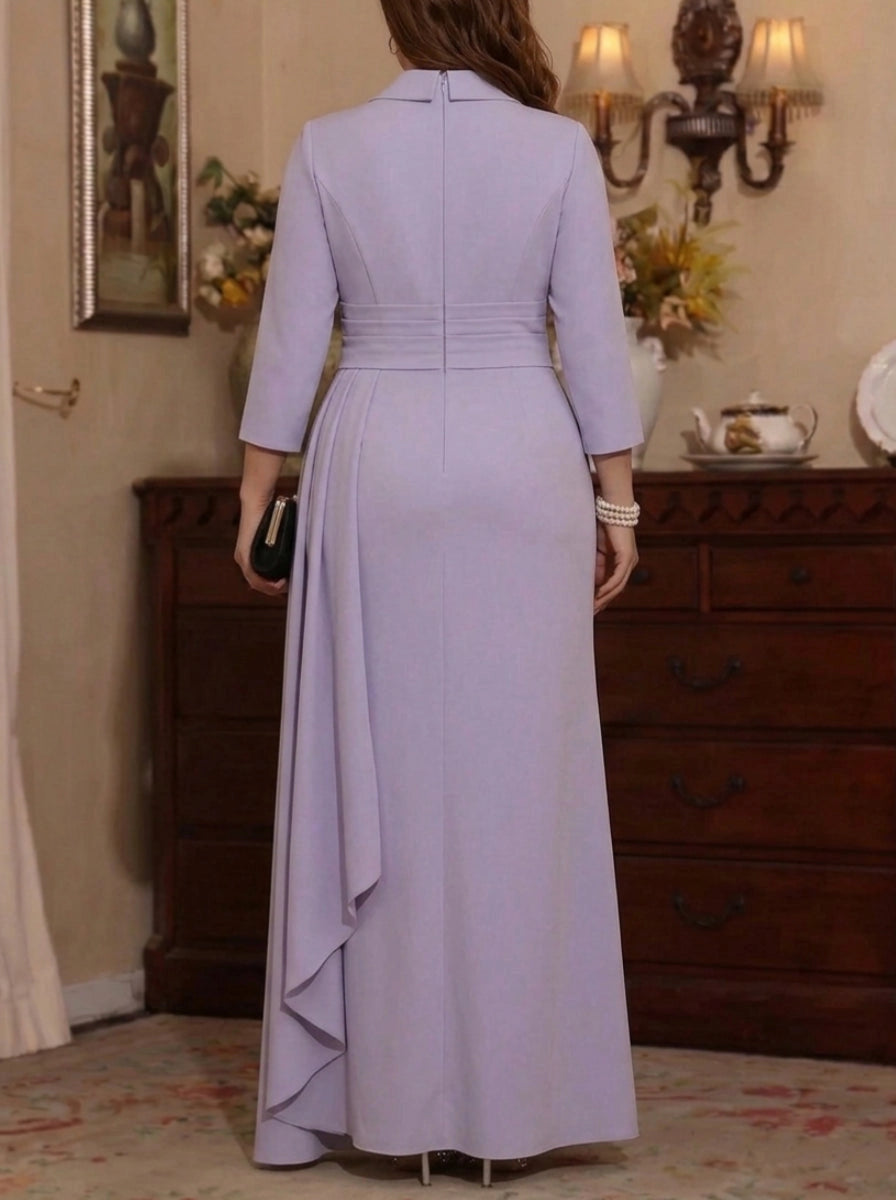 Roselledress plus size formal long dress back view, tailored collar center zipper back elegant wedding guest gown