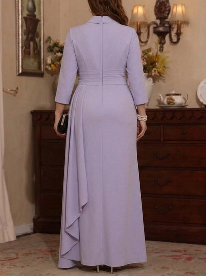 Roselledress plus size formal long dress back view, tailored collar center zipper back elegant wedding guest gown