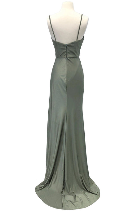 roselledress sage olive fitted mermaid bridal gown seamless shallow v plain low open back vertical invisible zipper thin spaghetti stretch satin wedding guest dress white mannequin back view