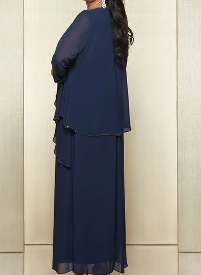 Navy blue plus size evening gown back view, round neck, center back zipper, matching long sleeve jacket and long chiffon skirt
