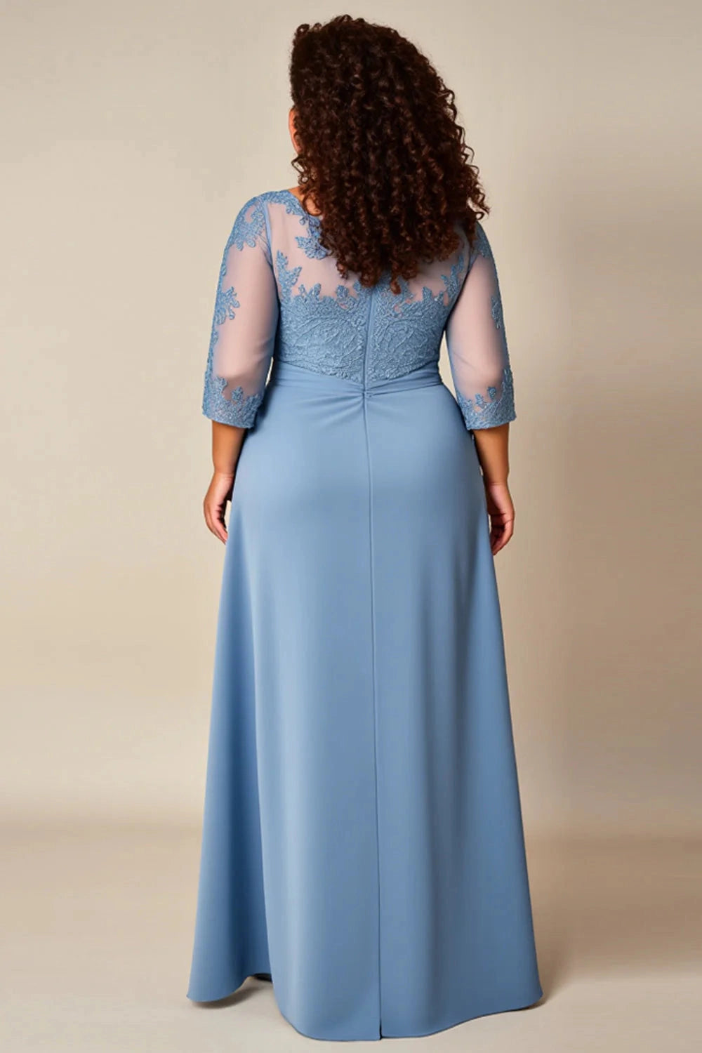 Roselledress dusty blue lace formal dress closed back 3/4 sleeve plus size floor‑length mother gown back view
